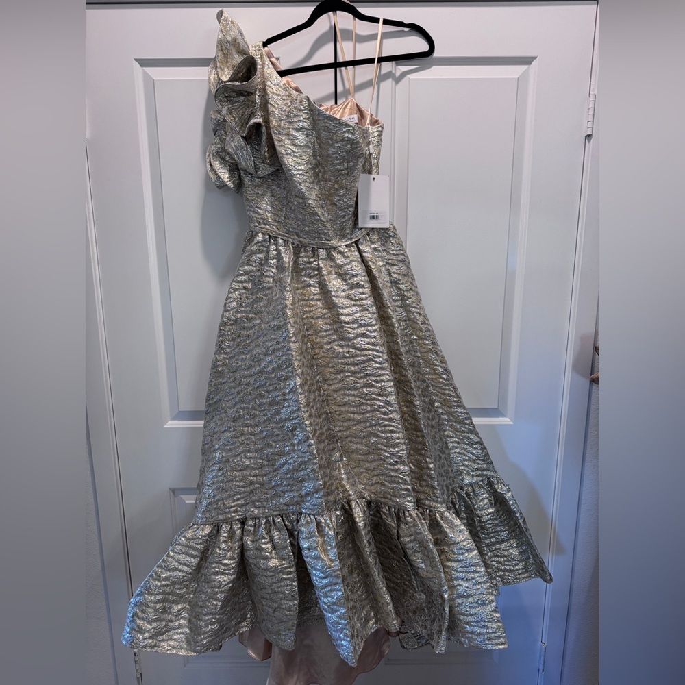 Mac Duggal Silver One-Shoulder Dress